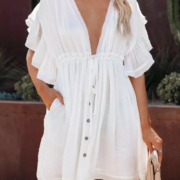 White Boho Gauze Solid Button Up Bohemian Coverup Mini Casual Dress - Picture 3 of 7